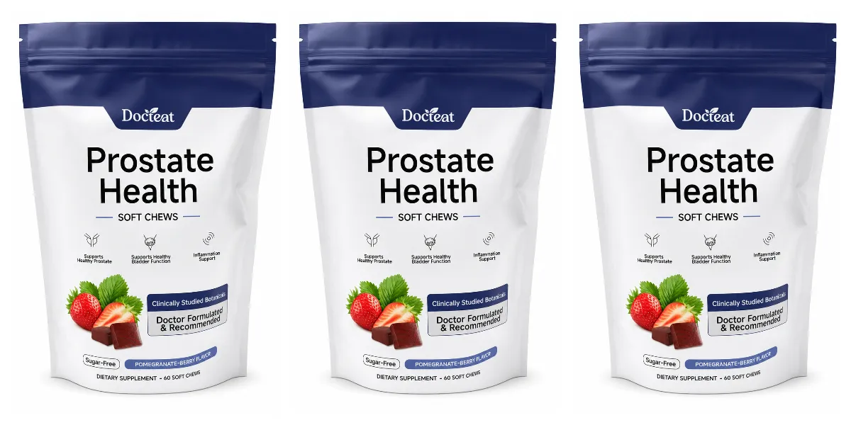 Docteat Prostate Health Soft Chews 60 Count Sugar-Free Pomegranate-Berry Flavor Daily Support with Reishi Extract Zinc Vitamin C