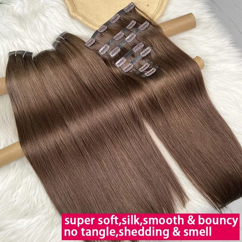 #2 Color Invisible Seamless Clip in Hair Extensions Straight PU Weft Clips In Double Weft 100% Raw Virgin Human Hair 7PCS/100g — image 2