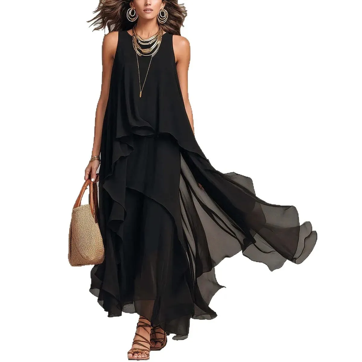 2026 New Black Sleeveless Irregular Chiffon Long Dress With Elegant Temperament For Women Dress — image 5