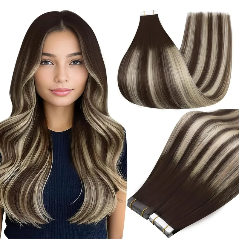 Full Shine Tape in Hair Extensions Balayage Tape ins Human Hair Extensions 20Pcs 50G Ombre Seamless Remy Skin Weft Hair
