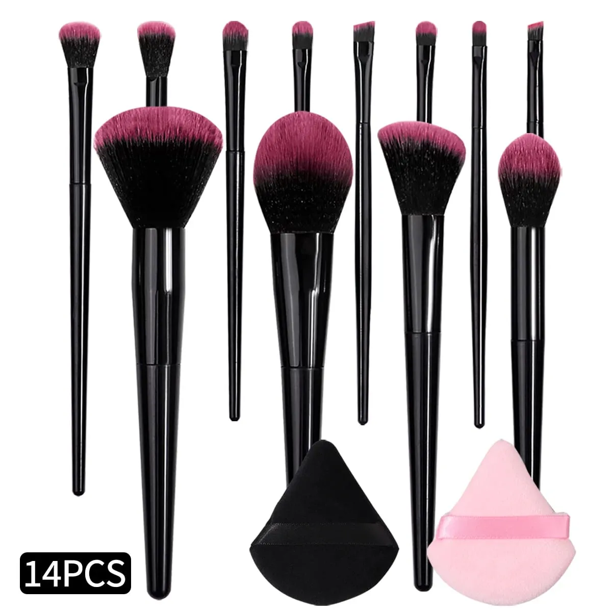Hot Sale 14Pcs Complete Makeup Brushes Kit Soft Skin-Friendly Fluffy Cosmetic Brushes with Black & Pink Triangle Makeup Puffs — image 4