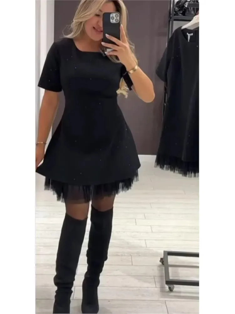 Elegant Casual Dress Spring Summer New Style Hot Rhinestone Hem Mesh Solid Fashion Dress For Women Short Sleeve Holiday Dress