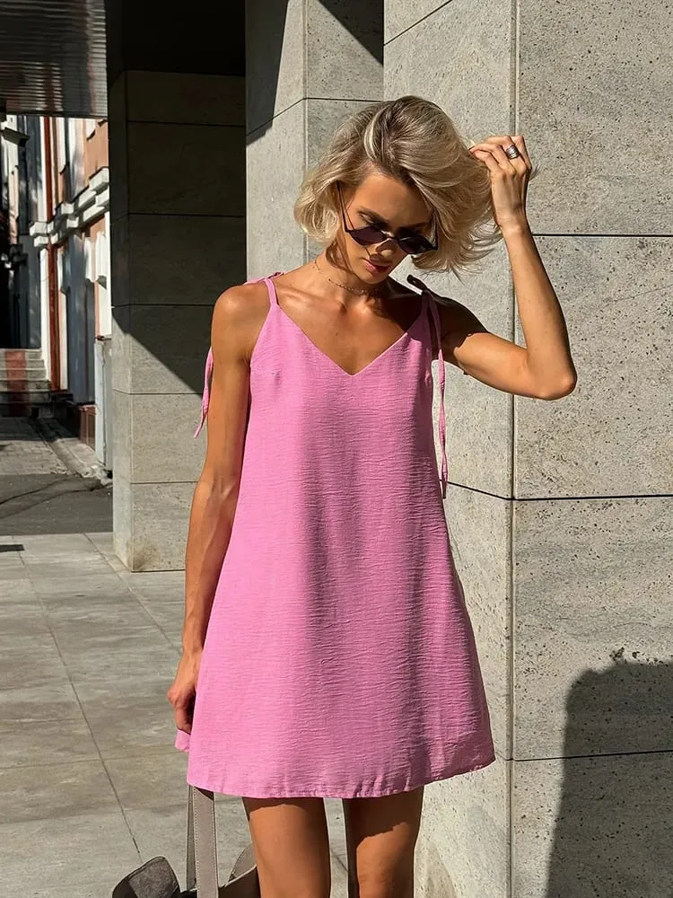 Ahagaga Fashion Dámské šaty Pevná ramínka Bandáž Pravidelný Kauzální výstřih do V Letní košilka bez rukávů Volný Sladký Dámský Vestido