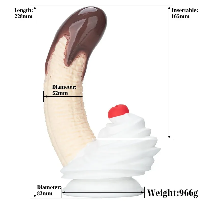 Banana Sundae Silicone Dildo with Strong Suction Cup Cream and Cherry Design Three Sizes Food Grade Silicone Sex Toy for Unisex