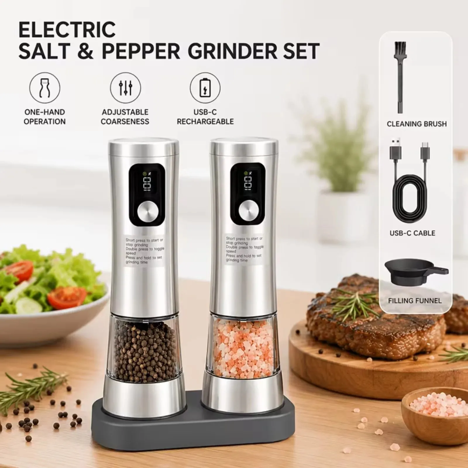 Electric Salt And Pepper Grinder Set Dual-Speed Adjustment Stainless Steel Rechargeable Automatic Pepper Grinder Jar With USB Charging Base Large 3.38 Ounce Capacity External Adjustable Coarseness LED Light.
