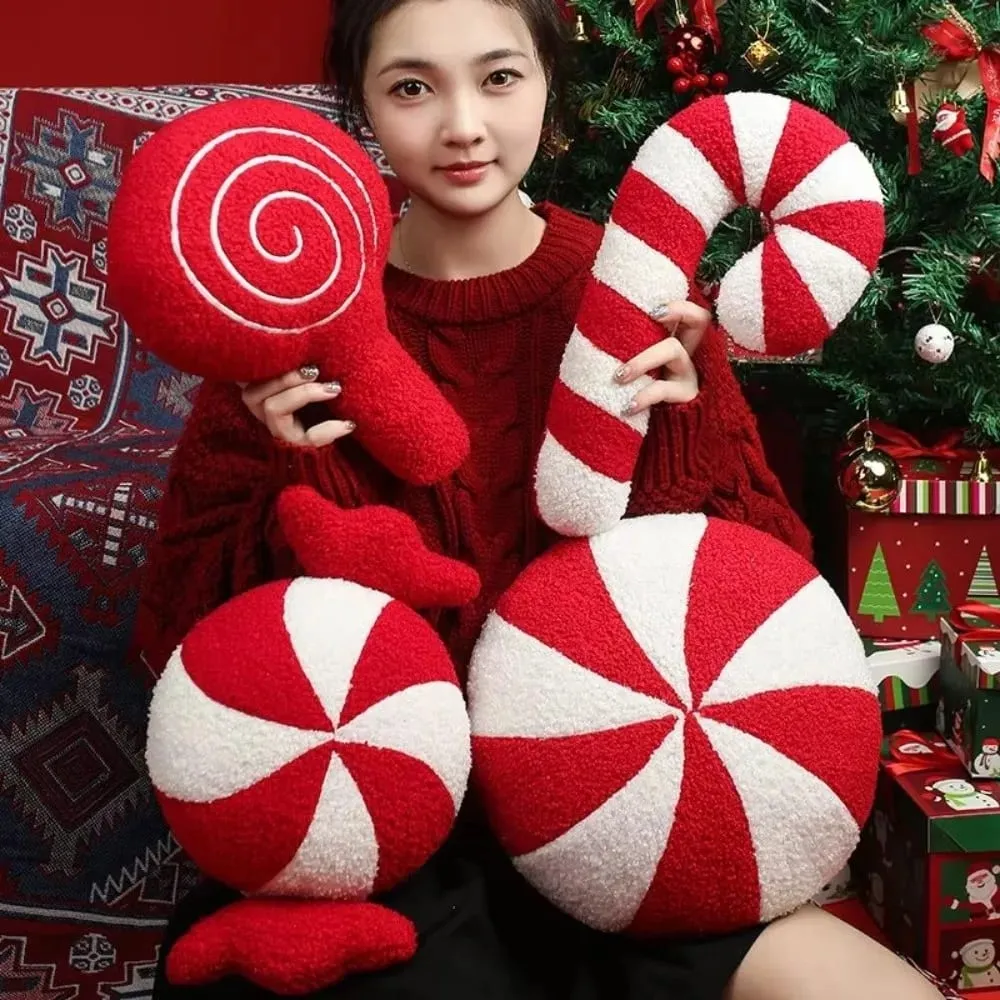 New Soft Christmas Cartoon Pillow Red Plush Red Decoration Pillow Candy Crutch Living Room Sofa Cushions Christmas