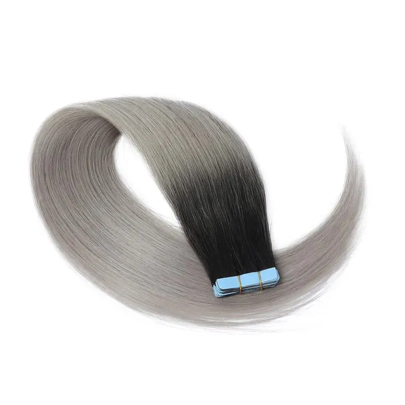20 Inch Seamless Tape in Hair Extensions Human Hair Soft Invisible Black to Light Gray Color in Human Hair Extensions 30g/20pcs