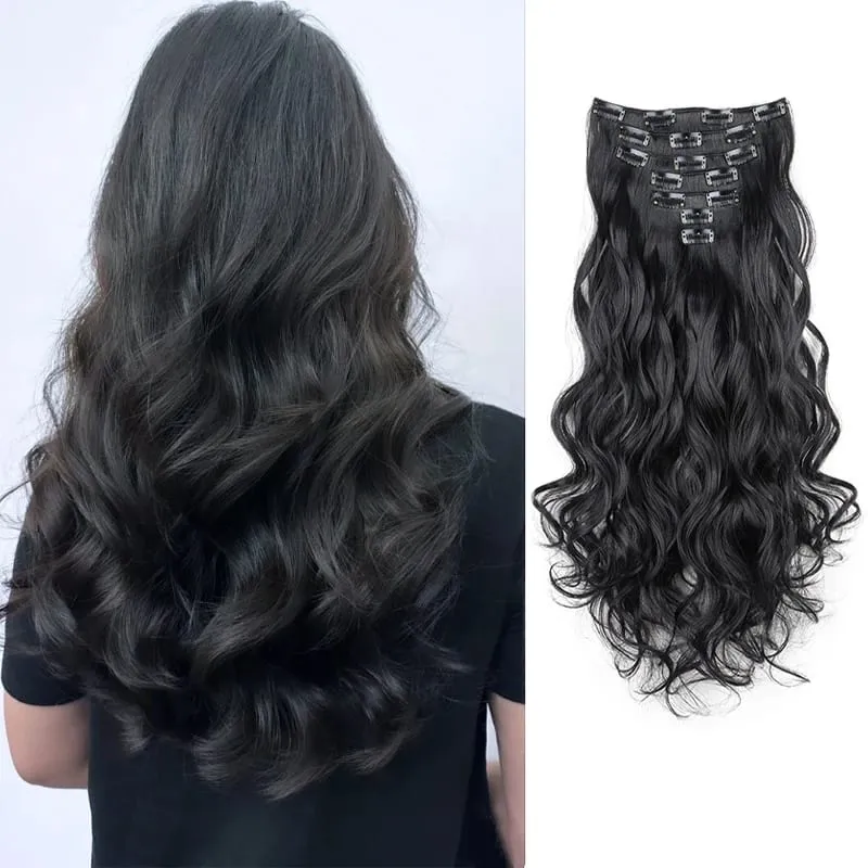 24Inch Synthetic Long Wavy Curly Hair Extension 7pcs/set Soft Invisible Cilp Thick Fluffy Hairpiece for Women Daily Use