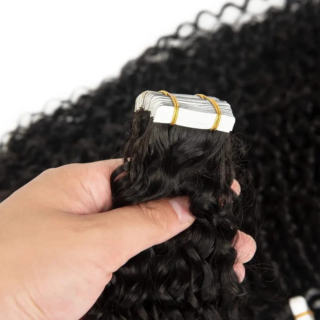 Deep Wave Curly Tape in Hair Extensions 100% Brazilian Human Hair Adhesive Tape on Extensions Human Hair Natural Black 16-26inch