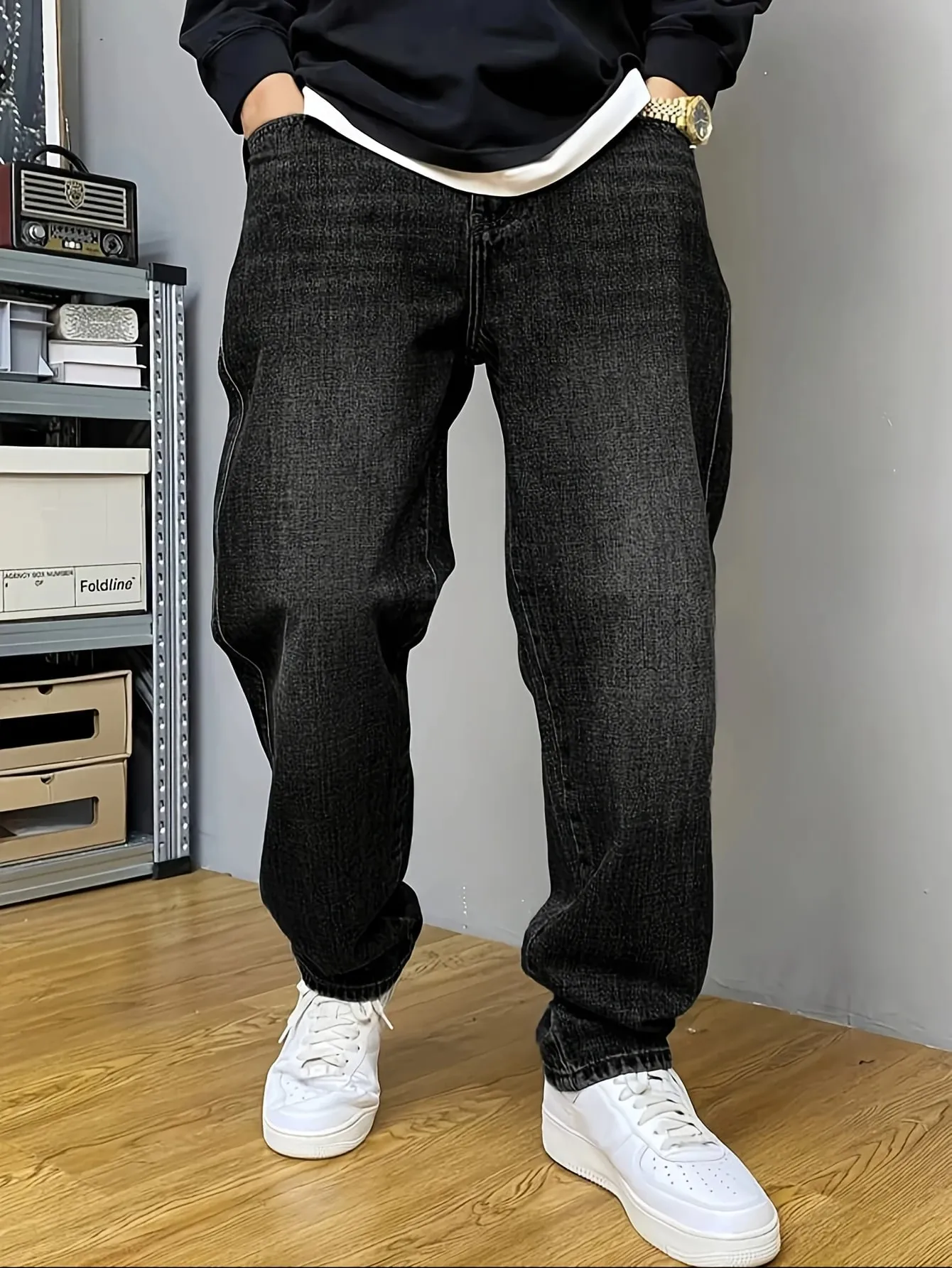Men's Stretch Straight Jeans Plus Size Loose Fit Denim Trousers For Big Belly Guys Casual Long Pants Big Sizes To 50
