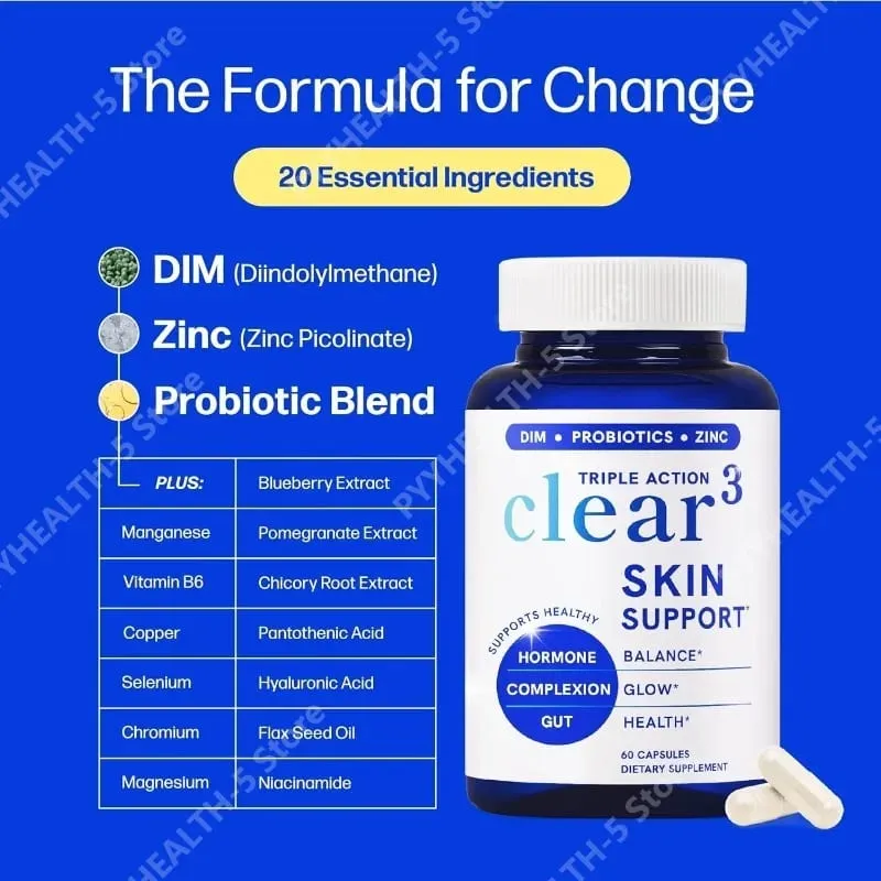 Clear³ Integratore di supporto per la pelle con probiotici DIM e zinco – Supporto nutrizionale per la salute della pelle e dell'intestino 60 capsule