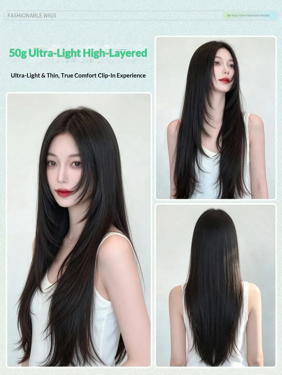 Synthetic Straight Hair Extension One Piece Layered Lightweight Invisible Seamless Clip-in Hairpiece 4 Clips for Women Daily
