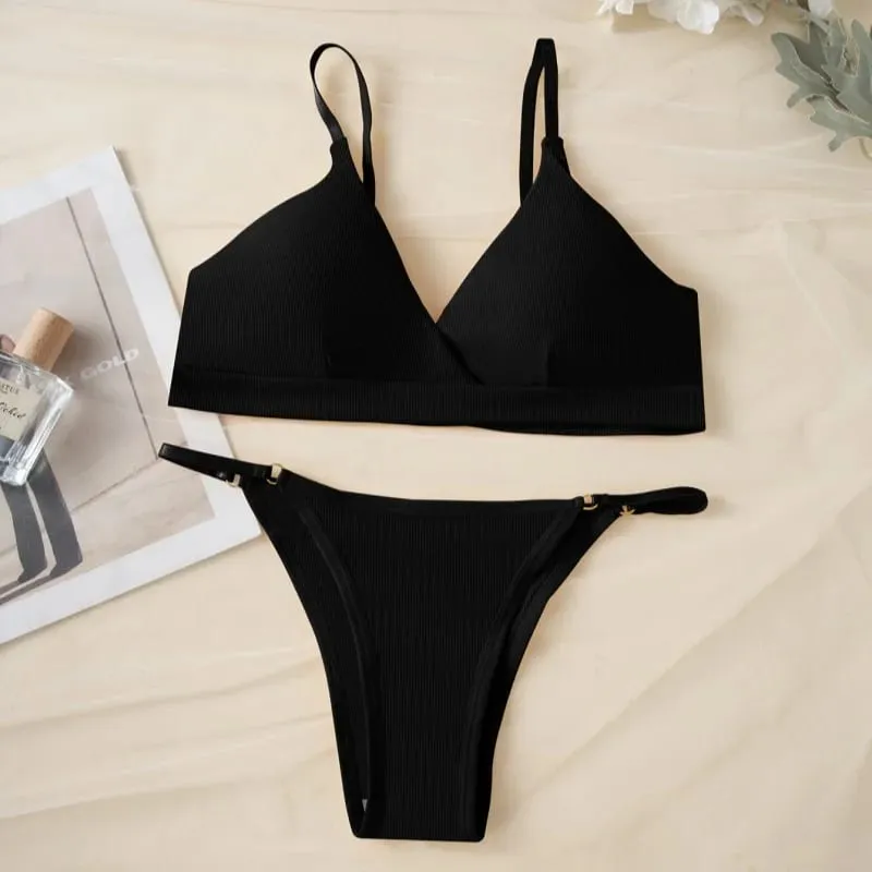 Women Ribbed Triangle Bra And Panties Set Wireless V Neck Thin Strap Bra Low Waist Briefs Ladies Removable Pads Lingerie Set