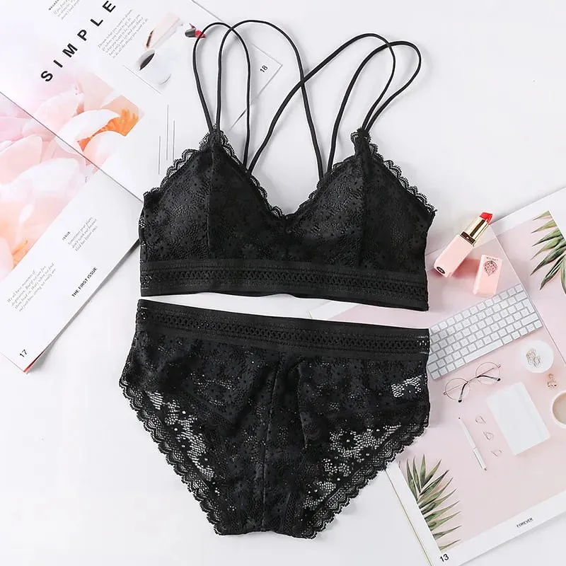 Women's Lace Lingerie Set Cross Shoulder Strap Without Steel Ring Bra Comfortable Support Underwear With Gathering Design — image 10