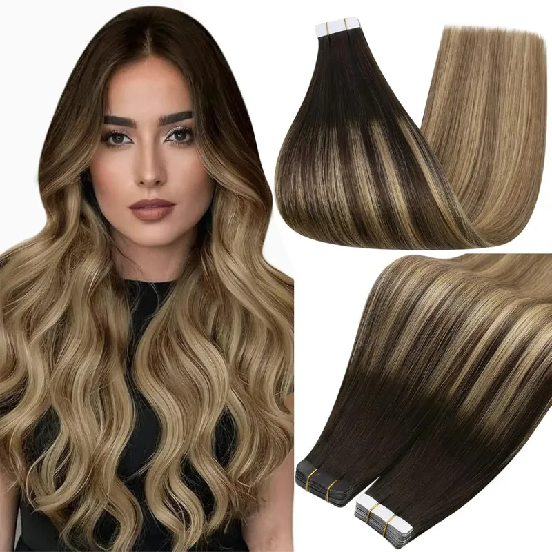 Full Shine Tape in Hair Extensions Balayage Tape ins Human Hair Extensions 20Pcs 50G Ombre Seamless Remy Skin Weft Hair