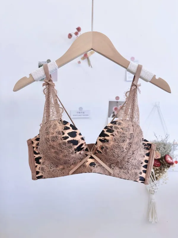 Hot Sale Leopard Print Cross Push‑Up Bra Set Wireless Seamless Anti Sag Lifting Sexy Underwear Lingerie For Women