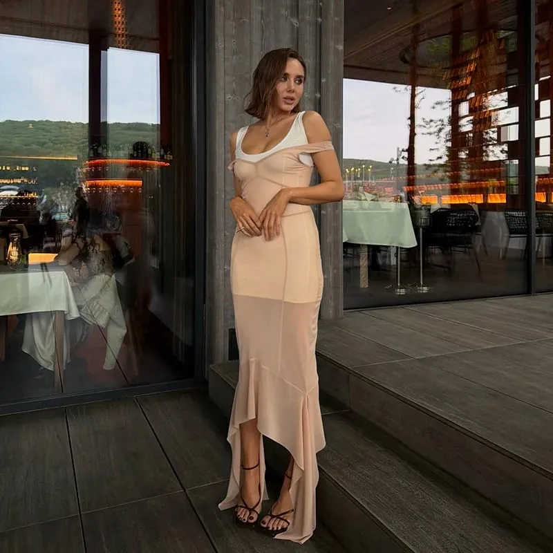 Sheer Mesh Overlay Spaghetti Strap Midi Dress Waist Cinched Sleeveless 2026 Summer Women Accessories Trendy Classy Lady Outfit