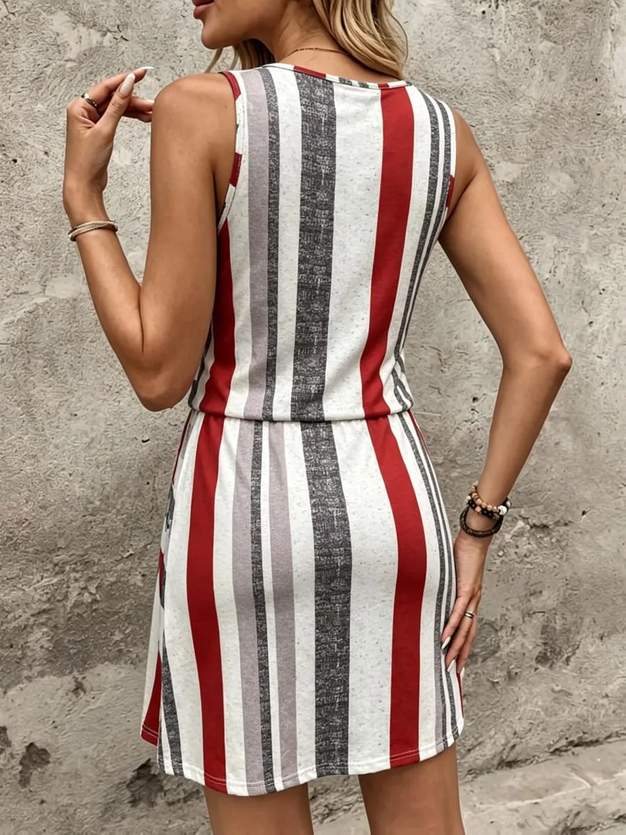 Summer Style Red White and Gray Striped Print Drawstring Waist Sleeveless Dress Suitable for Women's Beach Vacation Dresses