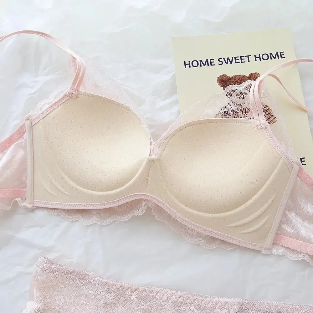 Sweet Sheer Lace Lingerie Set Double Straps Wireless Bra for Small Bust Lift & Gather