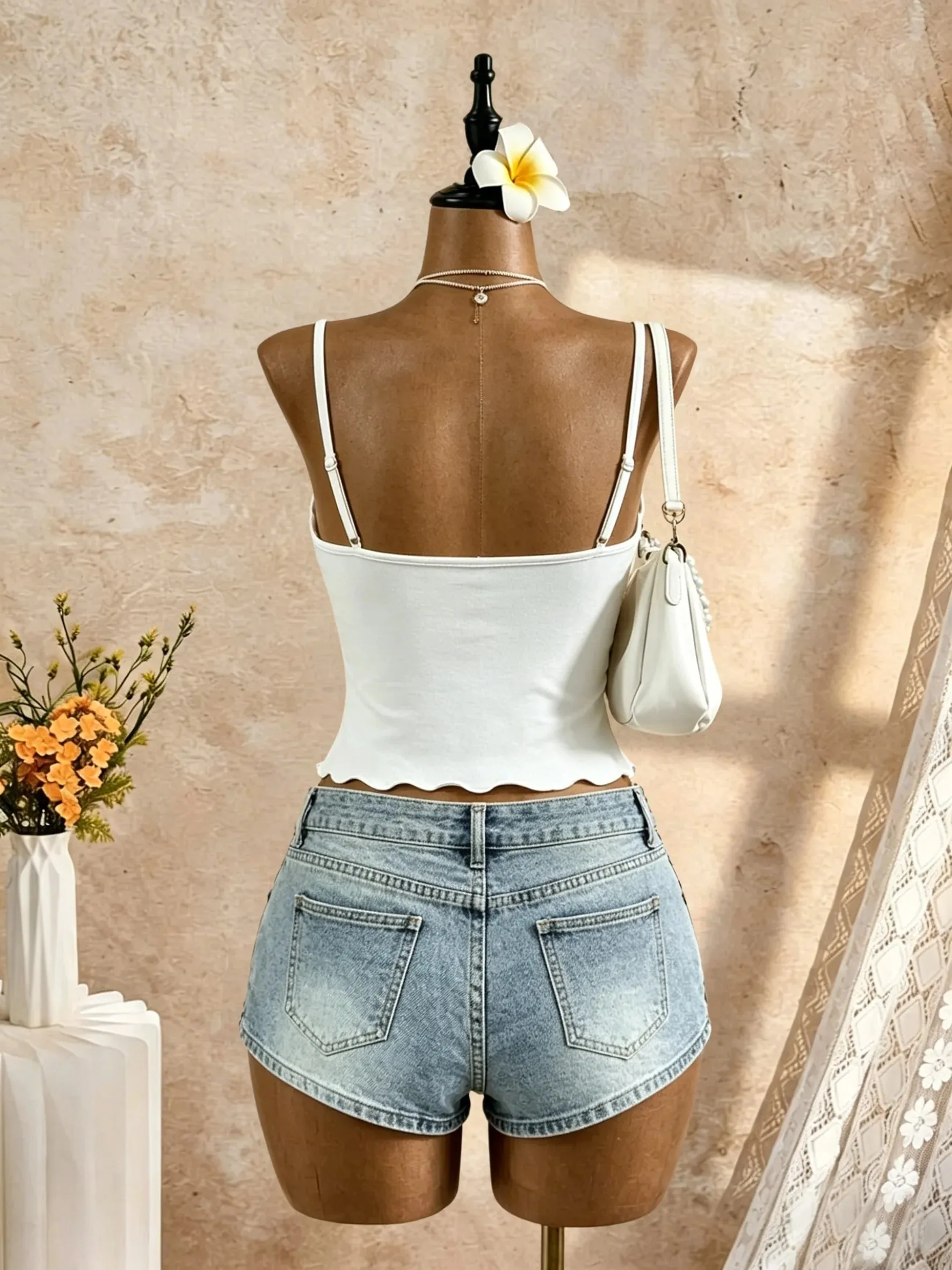 Women Spaghetti Strap V Neck Twist Front Cut Out Ruffle Irregular Hem Slim Fit Crop Cami Top 2026 Summer Y2K Solid White Sleevel