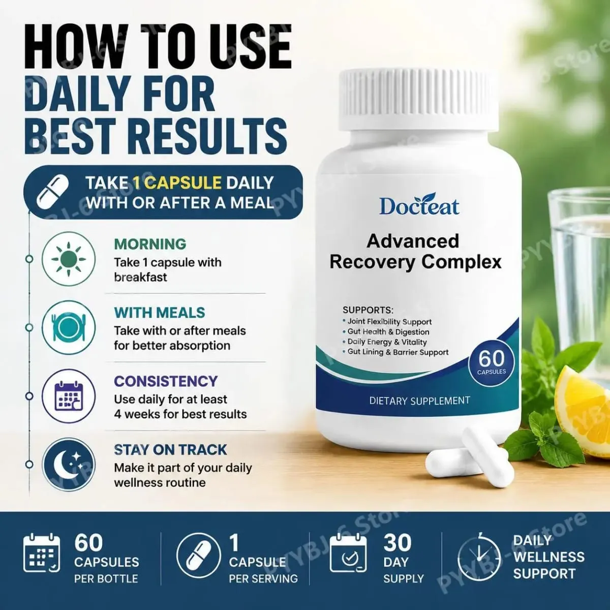 Advanced Recovery Complex 60 Capsules with L Glutamine Glycine Lysine Digestive Enzymes for Gut Health Daily Wellness Support