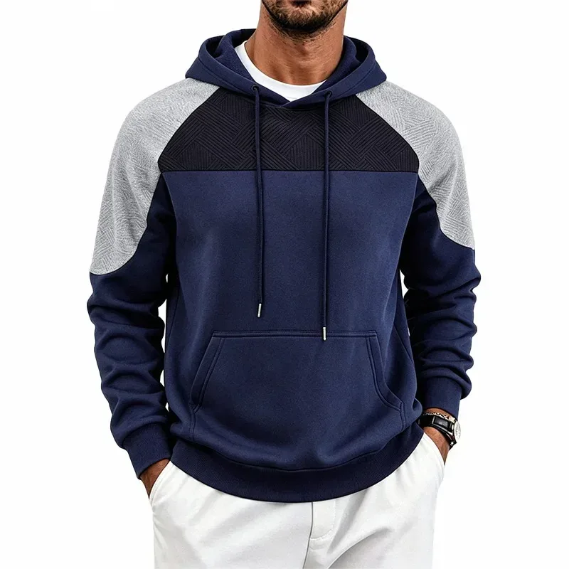 Autumn Winter Men Color Block Raglan Hoodie Textured Chest Panel Drawstring Kangaroo Pocket Loose Casual Streetwear Sweatshirt