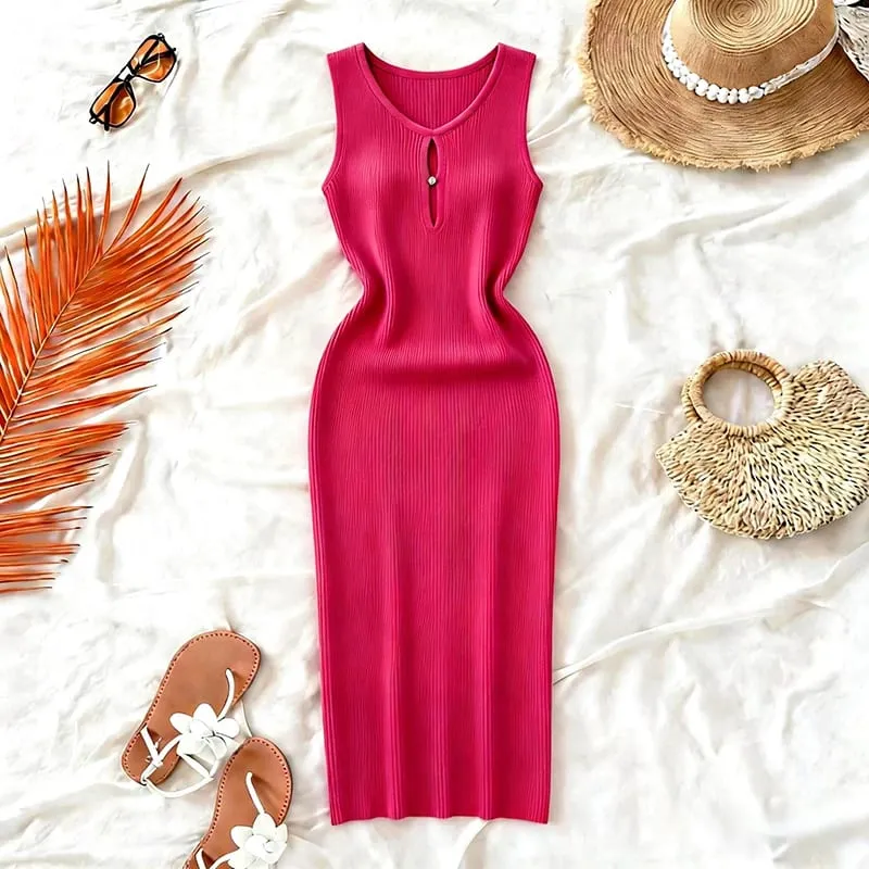 Women's Solid Summer Blue Pink Midi Dress Sleeveless Stretchy Knit Ribbed Keyhole Cutout Bodycon Sundress Party Vacation Dress — image 8