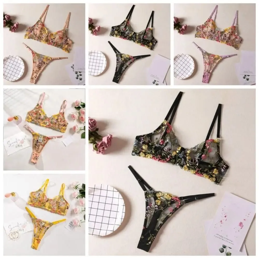 Versatile Transparent Lingerie Set Ultra-thin Push Up Panties Bra Set Elegant Embroidery Floral Underwear Women