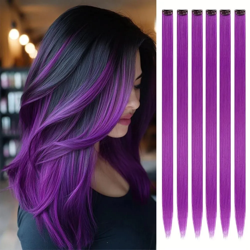 Blue Hair Extensions Clip in 6 Pcs Colored Highlights Hair Extensions Synthetic 24 inch Rainbow Hairpieces Dress Party Birthday