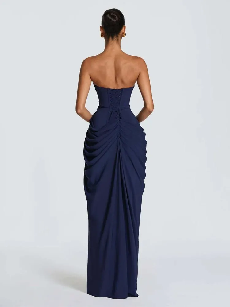 Elegant Solid Pleated Strapless Maxi Dress Yellow Off-shoulder Backless High Waist Split Robe 2026 New Lady Evening Party Gown