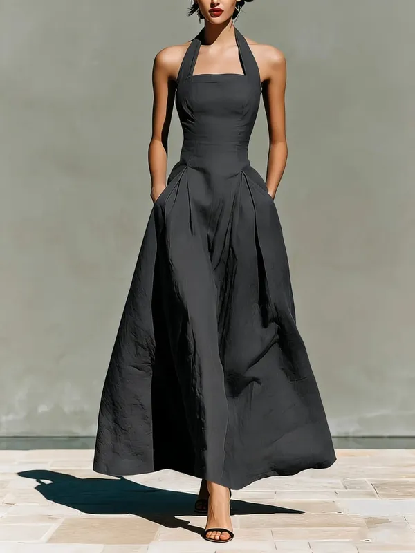 2026 Women's Spring and Summer Neck-Hanging Linen-Style Leisure Fashion Fitting Pocket Dresses — image 1
