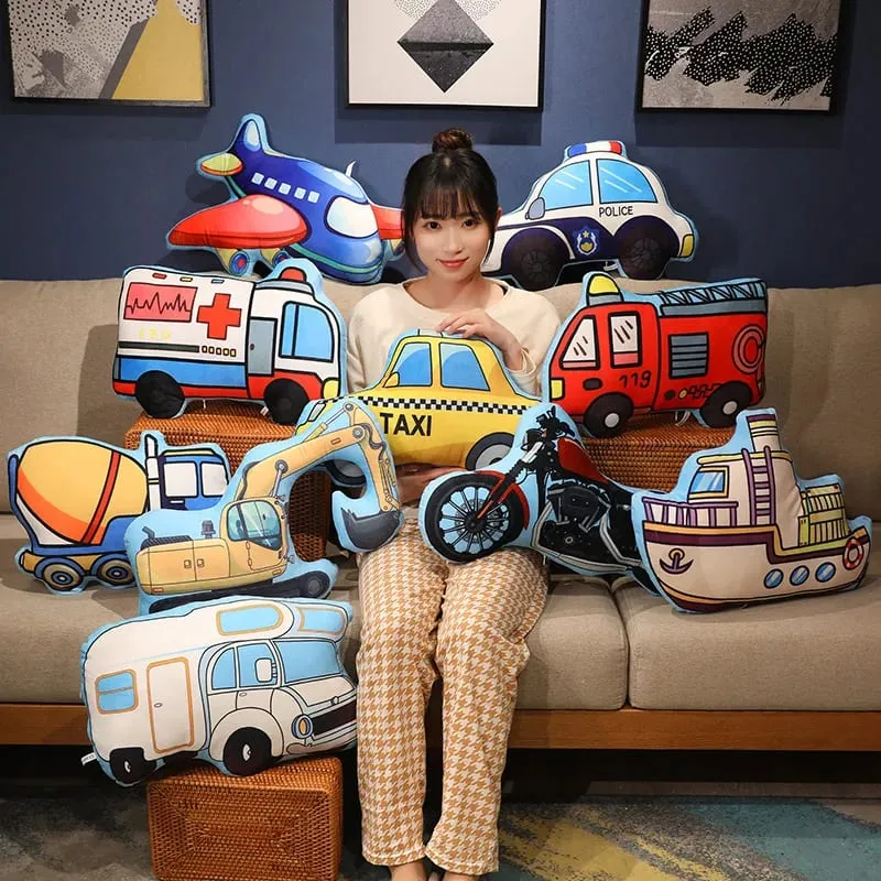 Transportation Vehicle Plush Pillow Recreational Vehicle Excavator Ambulance Airplane Motorbike Taxi Fire Truck Cushion Decor — image 2
