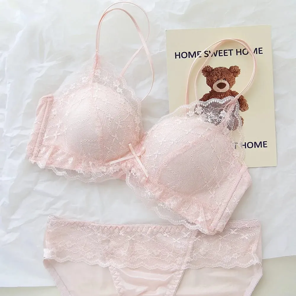 Sweet Sheer Lace Lingerie Set Double Straps Wireless Bra for Small Bust Lift & Gather