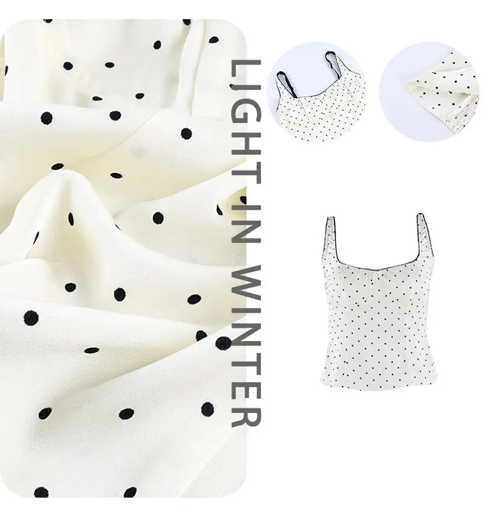 Street Chic Spaghetti Strap Polka Dot Tank Top Square Neck Slim Cropped Sleeveless Silk Vest Off-shoulder Lace Camis Female — image 8