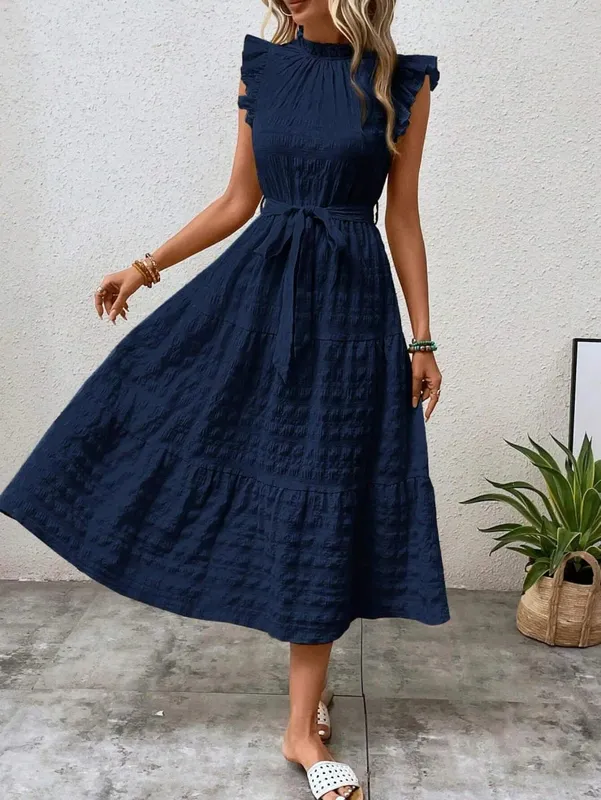 2026 Summer Fashion Flutter Sleeve Women Stand Collar Ruffles Solid Color Elegant Loose Long Dress Lace-up Texture Party Dresses