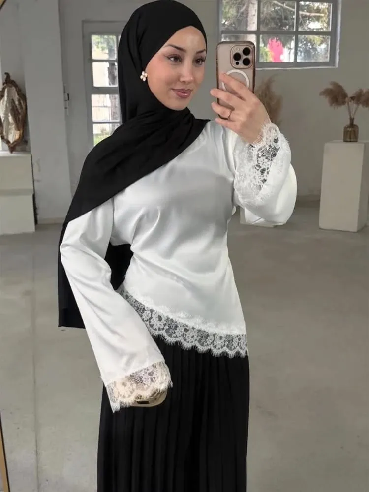 Women Elegant Lace Patchwork Lace-up Dress Solid Round Neck Full Sleeve Satin Loose Mini Dresses 2026 Spring Party Club Vestido