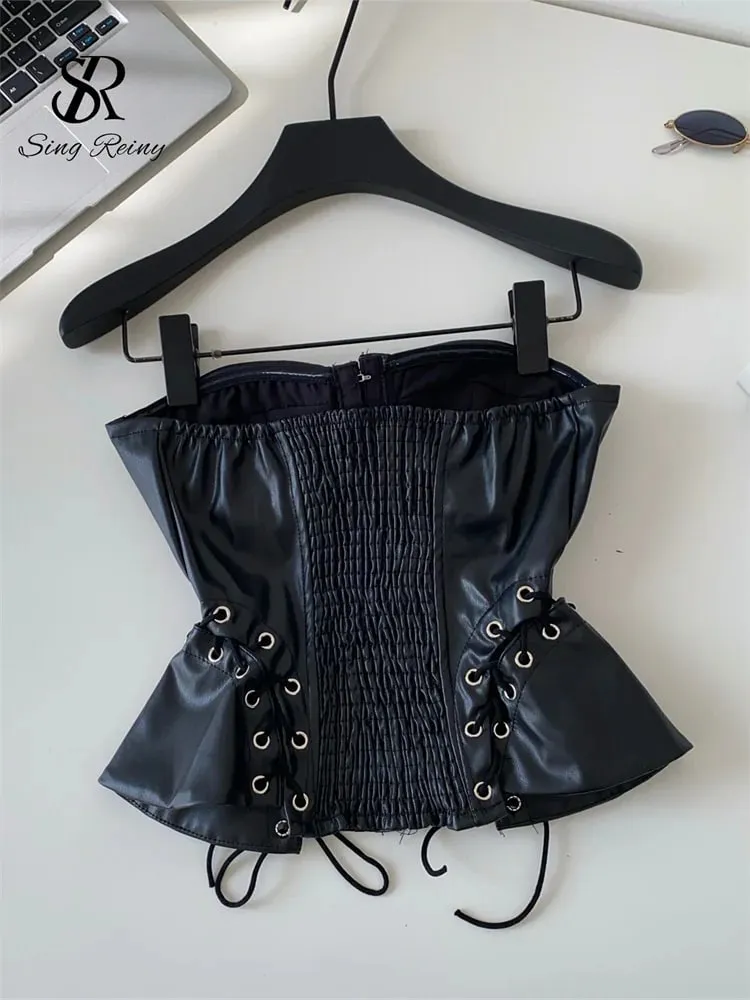 PU Leather Sensual Club Bustier Strapless Slim Lace Up Shirred Backless Camis Female Edgy Streetwear Fashion Tank Tops