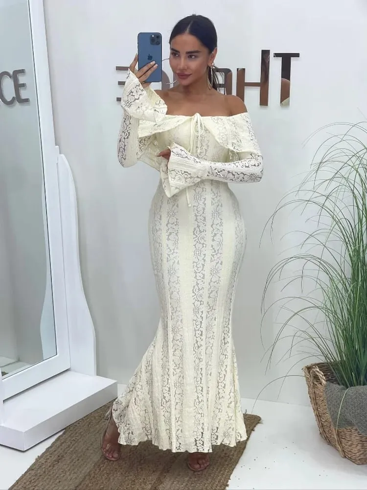 White Lace Patchwork Long Dress Women's Pleated Ruffle Sleeve Off shoulder bodycon See Through Vestidos 2025 Lady Party Gowns — image 5