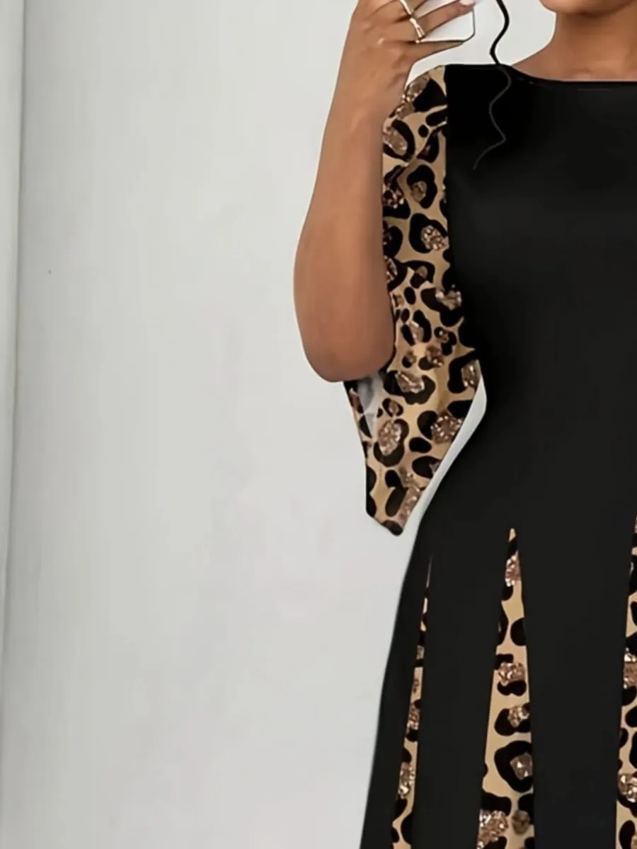 Elegant Leopard Print Maxi Dress Plus Size Fashionable Long Sleeve Gown Comfortable & Stylish Women's Clothing