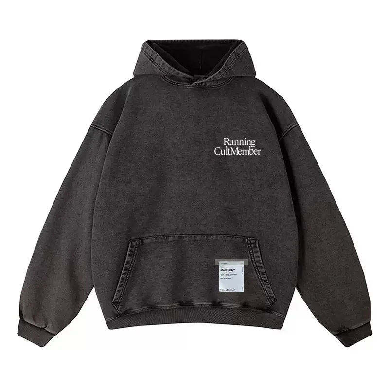 Elf-Adhesive SATISFY Flocking Print Hoodie Sweatshirt Jacket Street Style Loose Fit Long Sleeve for Young Men And Women