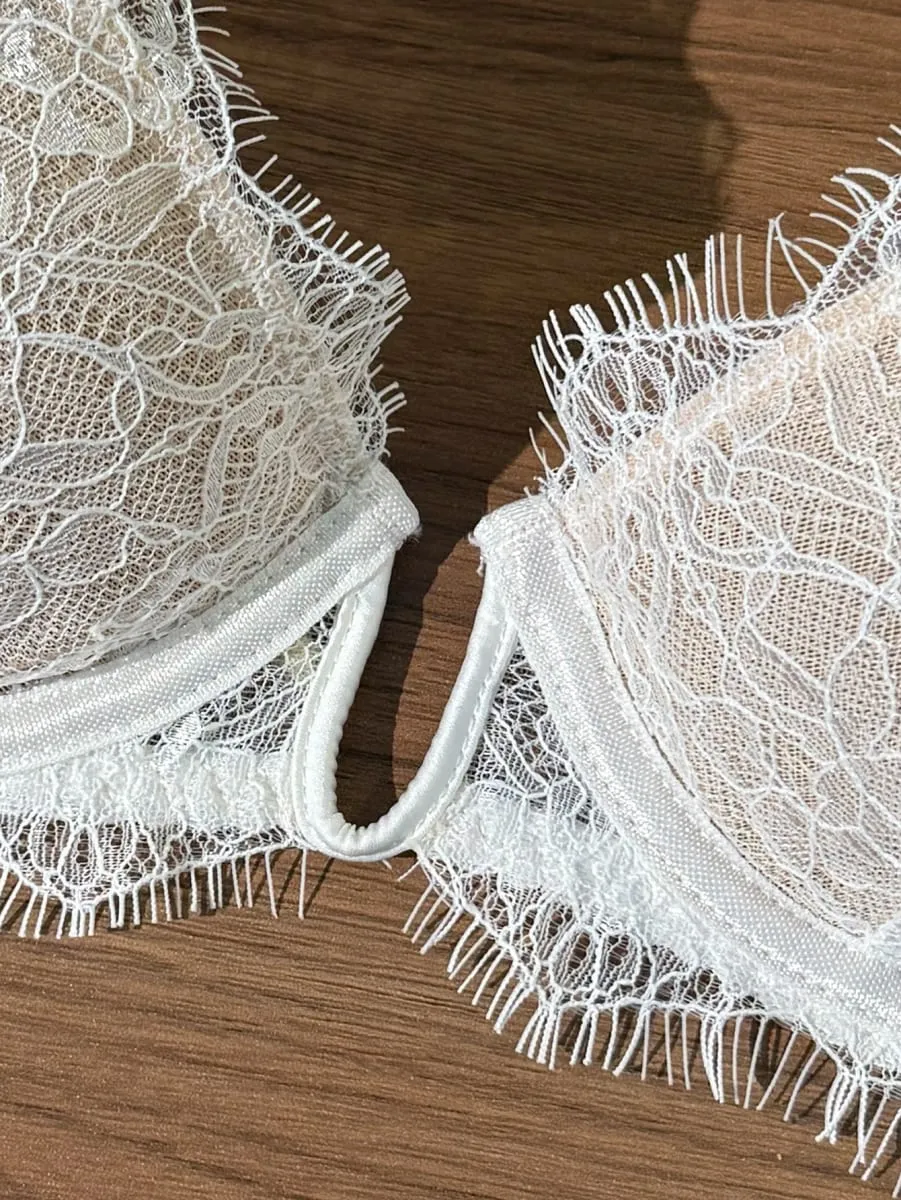 French Lace Eyelash White Bralette And Panties Set Women's Summer Thin Sexy Pure Desire Underwear Two-Piece Set — image 4
