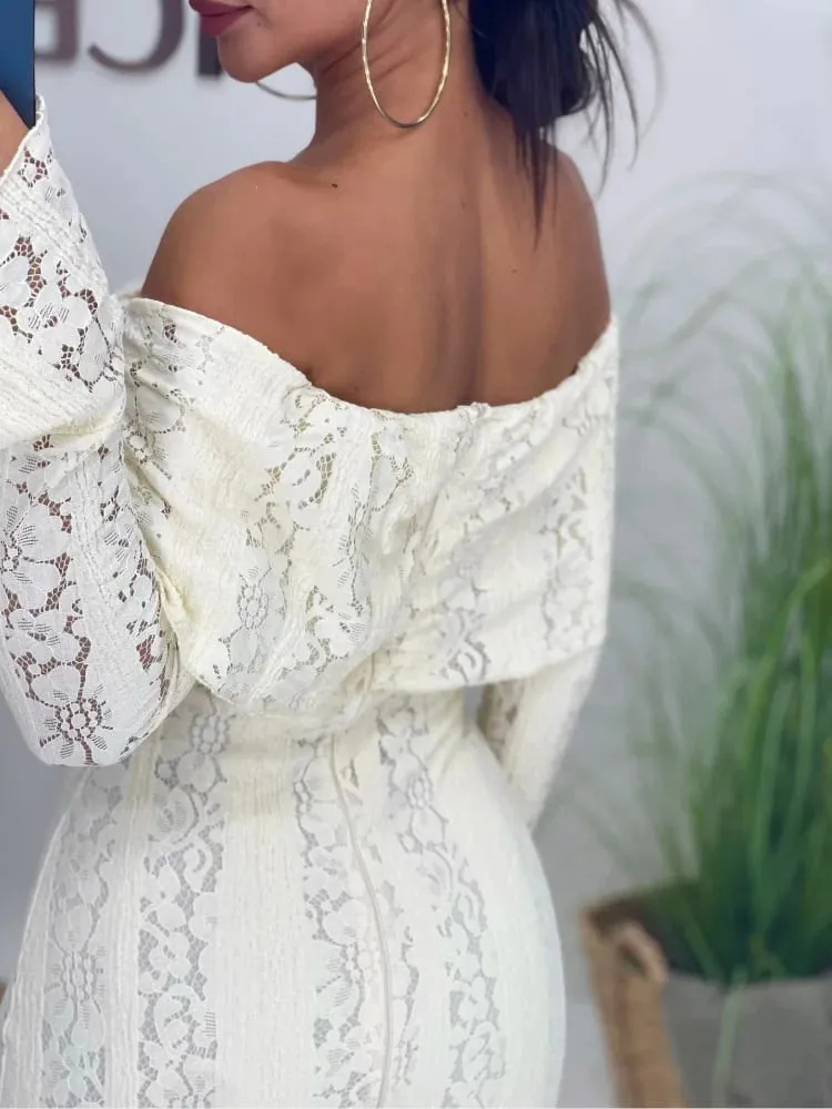 White Lace Patchwork Long Dress Women's Pleated Ruffle Sleeve Off shoulder bodycon See Through Vestidos 2025 Lady Party Gowns — image 4