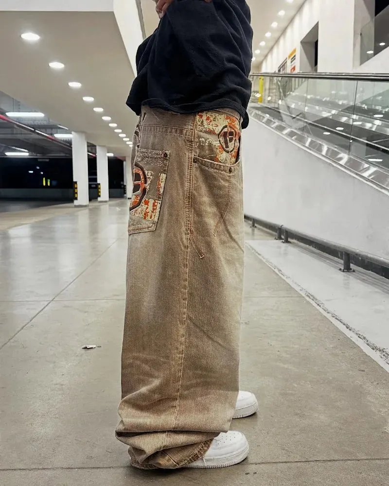 Y2K American Fashion New Oversize Letter Embroidered Yellow Washed Baggy Jeans Men Vintage Gothic Popular Casual Wide-leg Pants — image 3