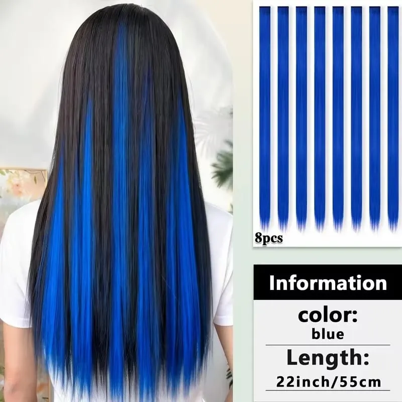 22Inch Synthetic 8pcs Long Straight Clip-In Hair Extension Highlights Multi-Color Rainbow Hairpiece for Women Daily Praty Use