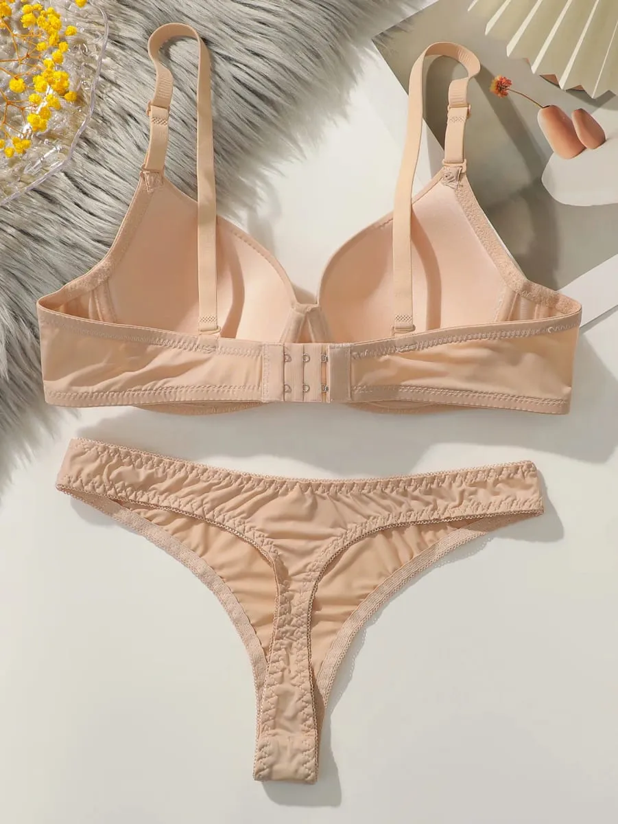 New Solid Color Daily 2-piece Women's Underwear Set 3/4 Cup Paired with Sexy Thongs Simple and Comfortable Lingerie — image 3