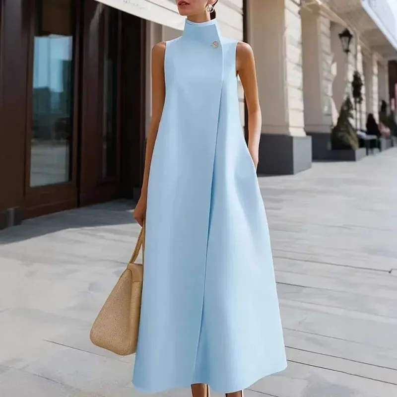 Simple Fashion Single Button High Neck Maxi Dress Women Spring Solid Pocket A-Line Long Dress Summer Sleeveless Bohemian Dresses