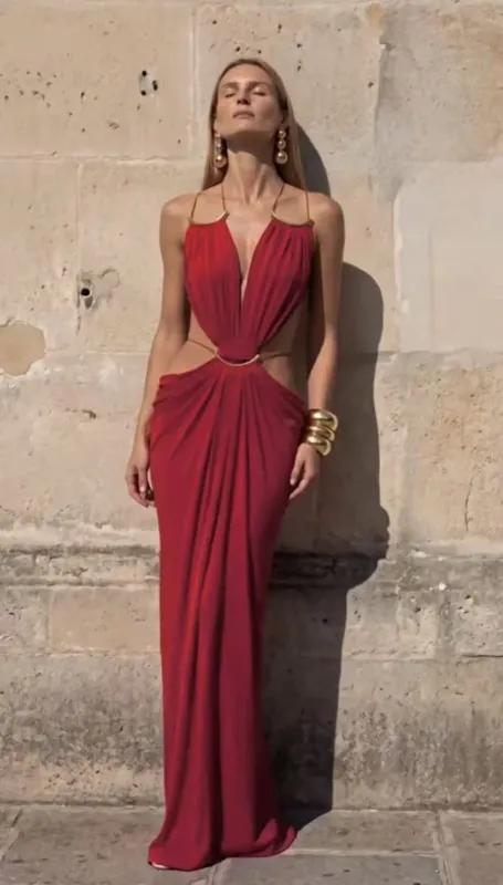 Abito lungo senza maniche con cinturino per spaghetti in tinta unita Abito lungo da donna sexy con scollo a V profondo in vita Abito da sera con volant Abito estivo elegante da festa — image 9