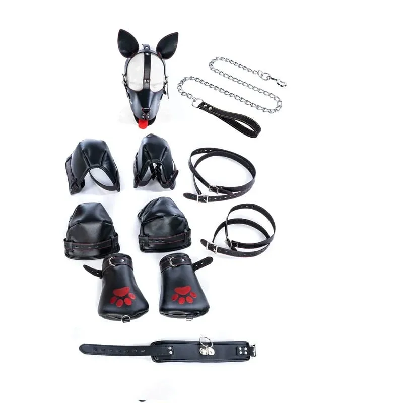 PU Leather Puppy Play Bondage Set Dog Mask Hood Mittens Handcuffs Anklet Collar Leash Chain Restraints BDSM Sex Toys for Couples