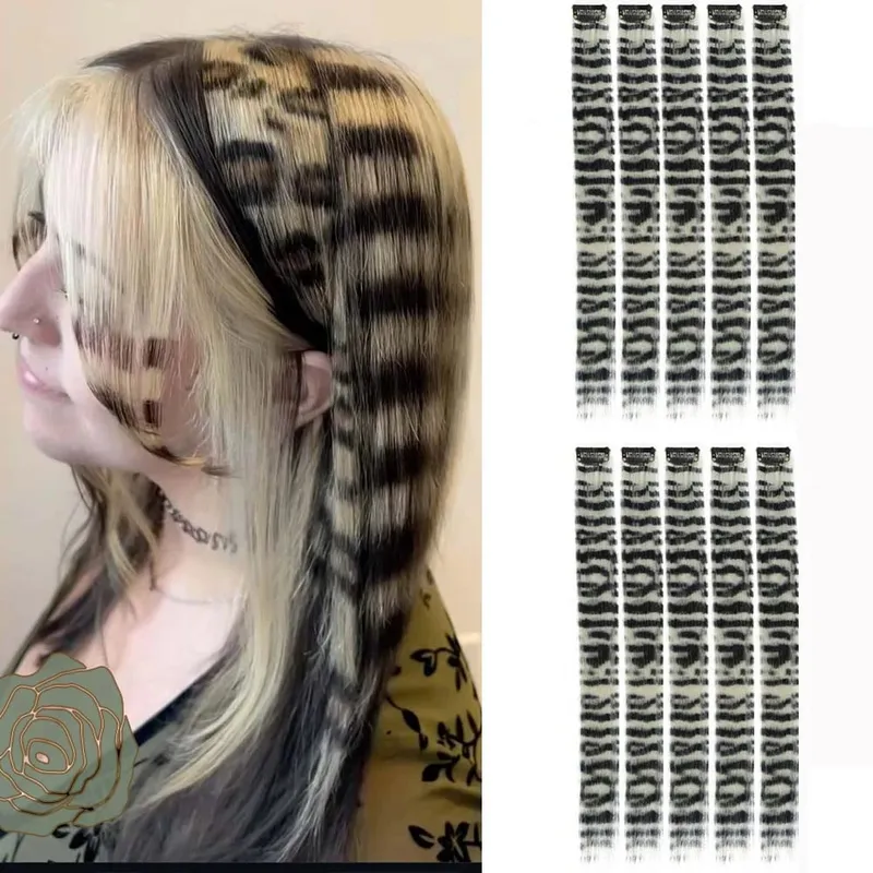 10pcs/set Stripe Printed Hair Colorful Long Straight Hair Pieces Synthetic Clip-in Hair Extensions for Daily Use Party Halloween — image 16