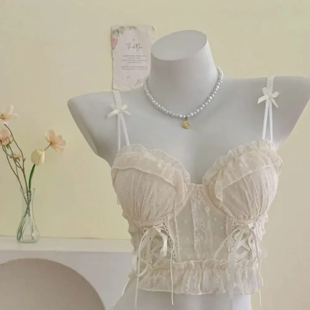 Sweet Lace Push Up Bra Set For Lady Small Bust Ruffle Mesh Cross Bandage Strappy Sexy Pure Desire Lingerie Underwear